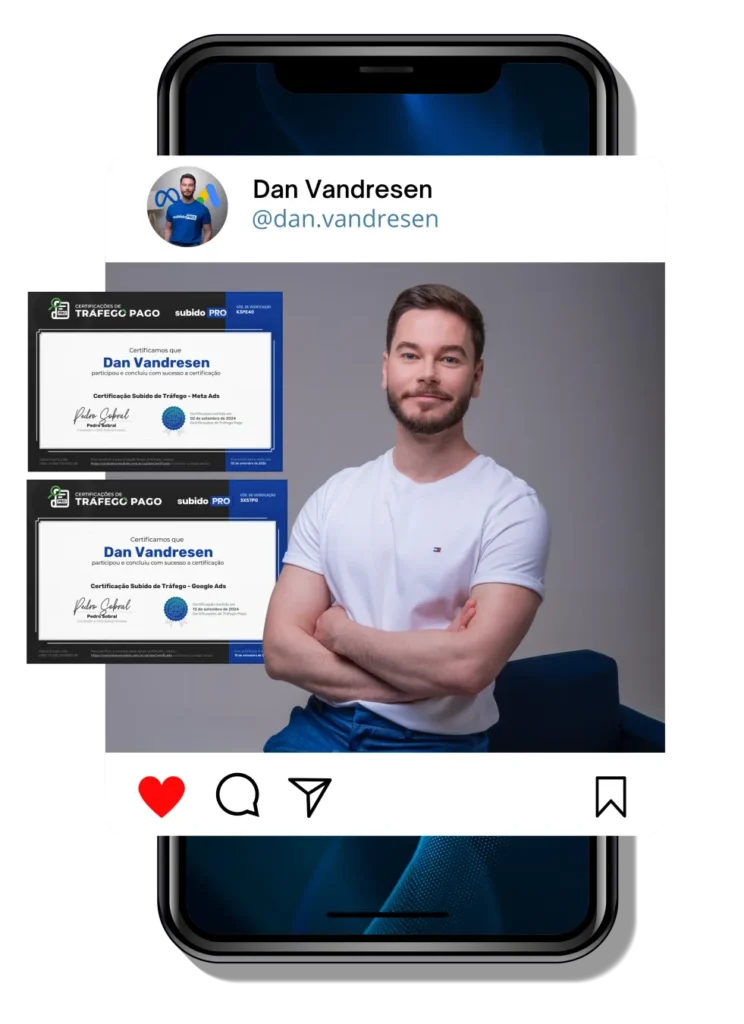 Dan Vandresen, estrategista de marketing digital, com seus diplomas de especialista em anúncios online
